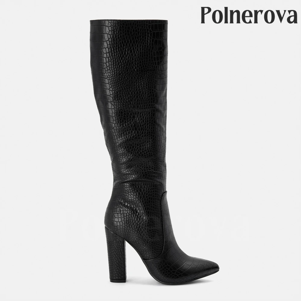 Black Faux Crocodile Leather Knee Boots Thick Heel Pointed Toe Women Boots Classic Style Zipper Boots Custom Color Handmade Boot