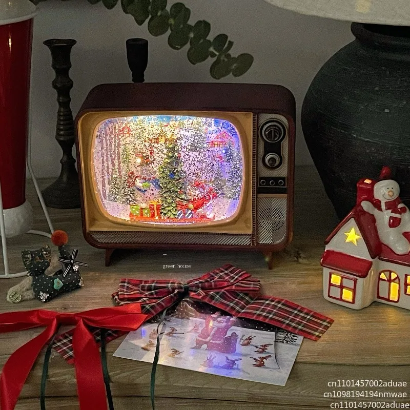 Beautiful TV Shape Craft Indoor Antique Santa Scene Christmas Snow Lantern Snowing Radio Shape  With Music and Led Light