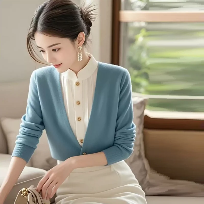 Suéter de dos piezas falso de punto azul Otoño Invierno Ele Top Outlet Store Faion de mujer a medida corte suelto largo Sve rou...