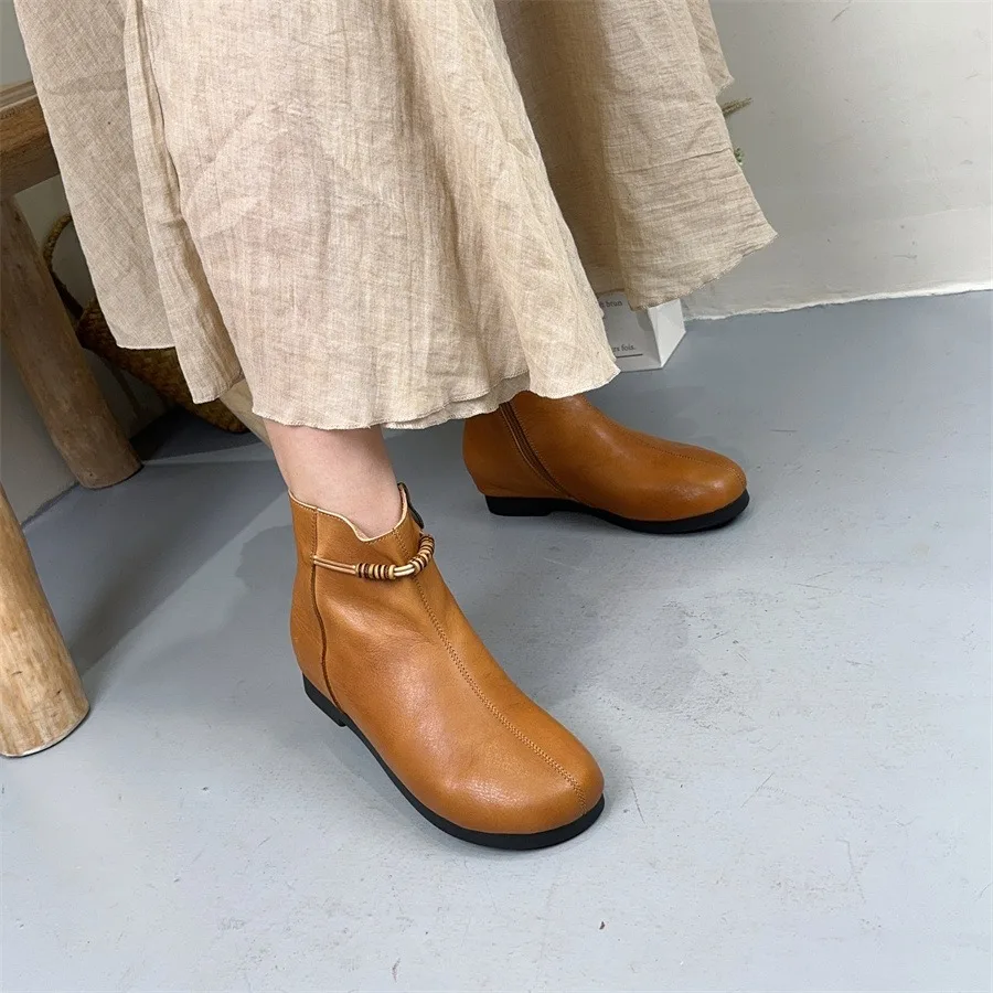 Birkuir Retro Women Ankle Boots Side Zip High Top Round Toe Low Heel Shoes Genuine Leather Luxury String Beads Short Boots image 2