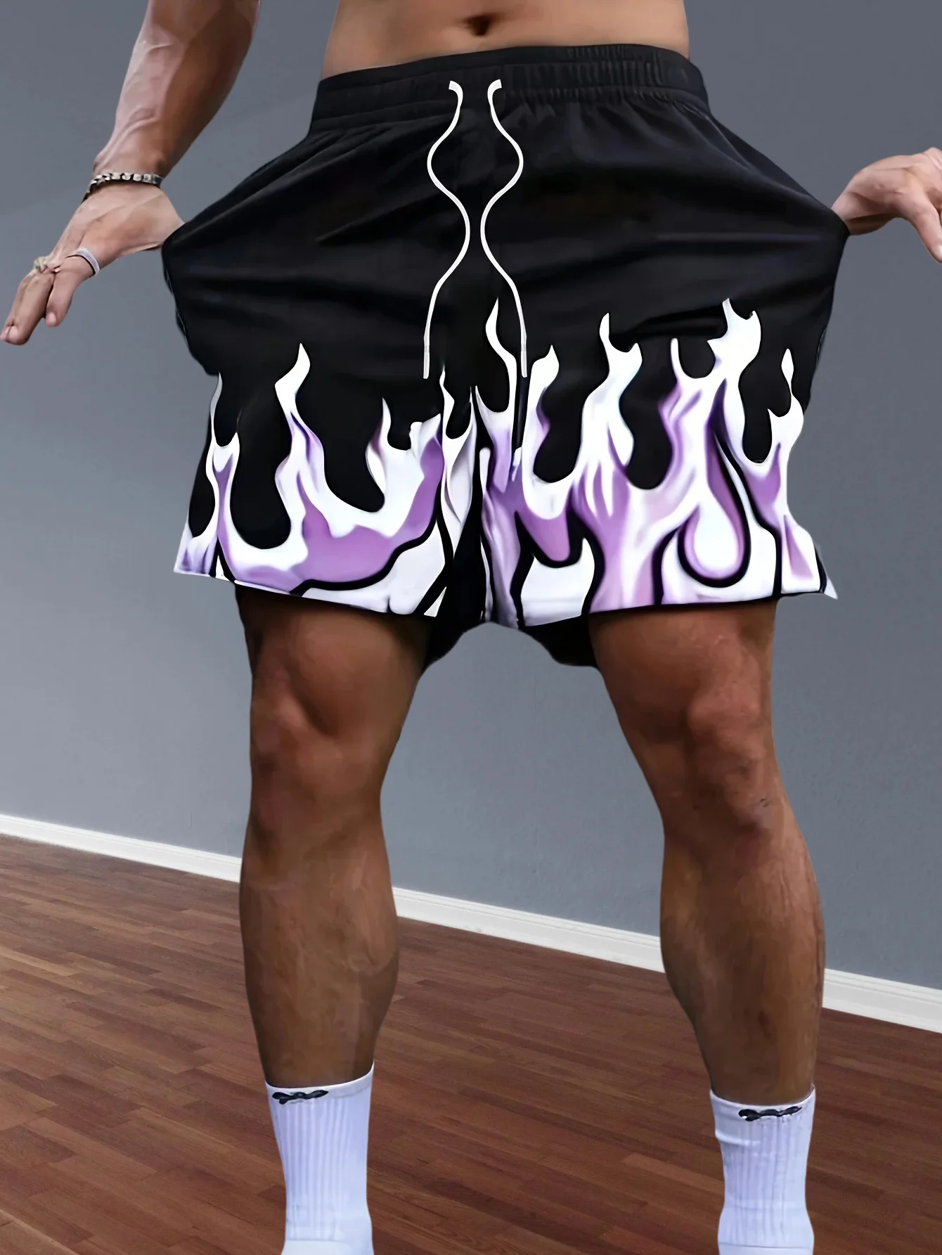 Men's Summer Shorts Loose Comfortable Flame Letter Print Harajuku Shorts Outdoor Sports Beach Vacation Quick Drying Shorts Moto