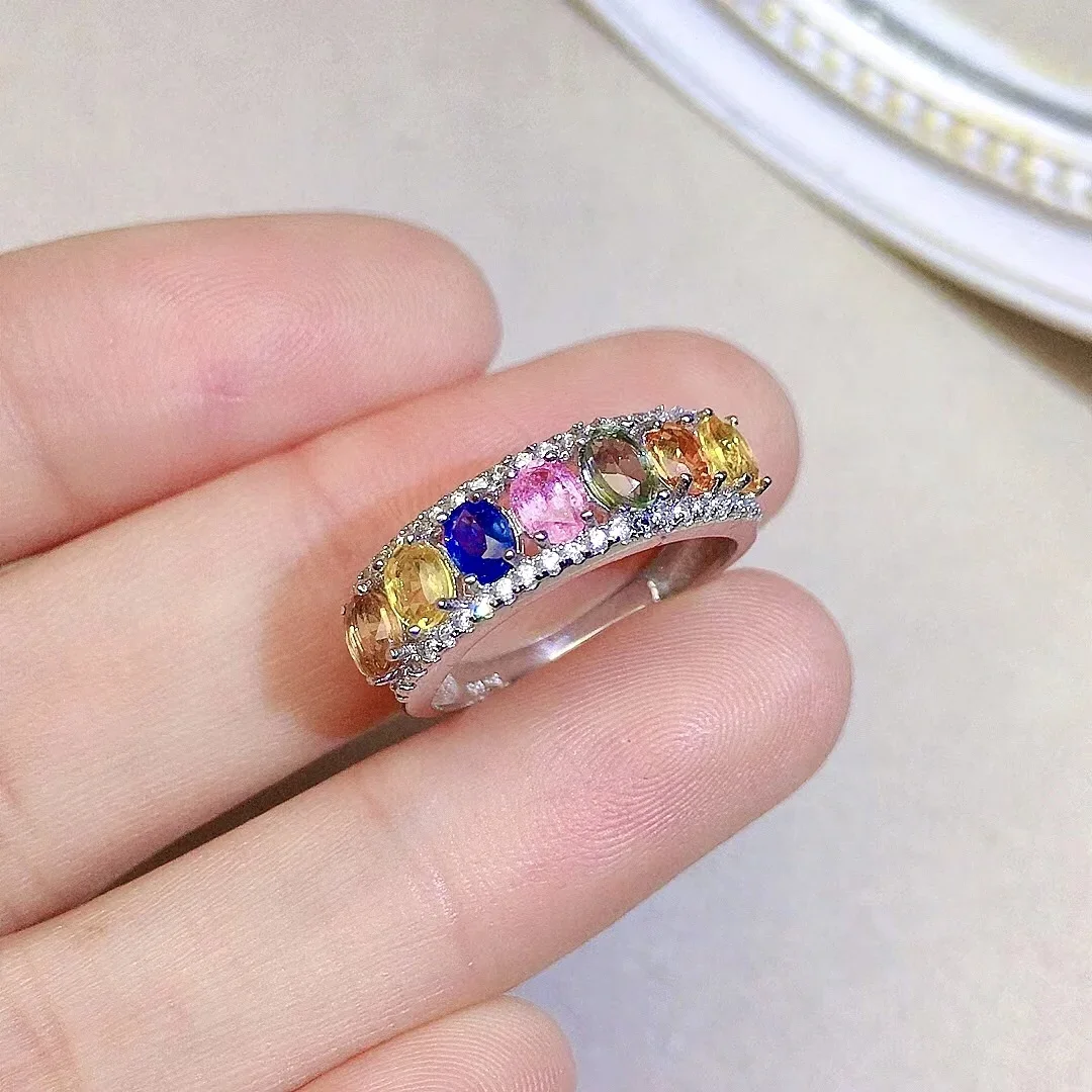 

Classic Silver Sapphire Ring for Office Lady 3mm*4mm 100% Natural Multicolor Sapphire Silver Ring 925 Silver Sapphire Jewelry