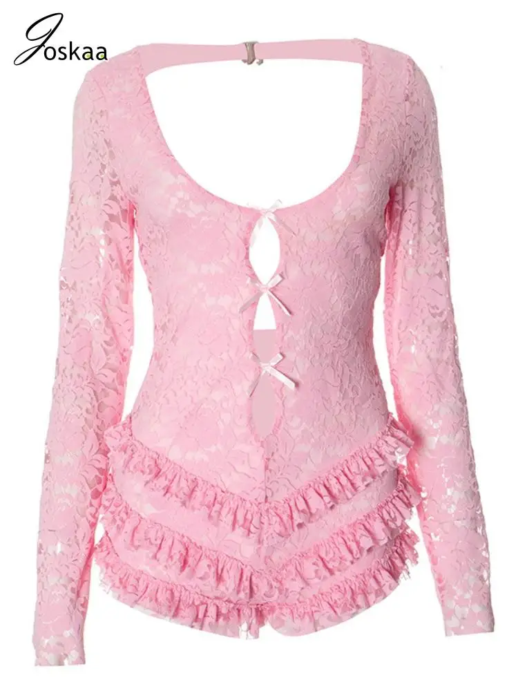 

Joskaa Lace Jacquard Hollow Bow Pink Playsuits Women Low Cut Long Sleeve Backless One Piece Rompers Coquette Midnight Clubwear