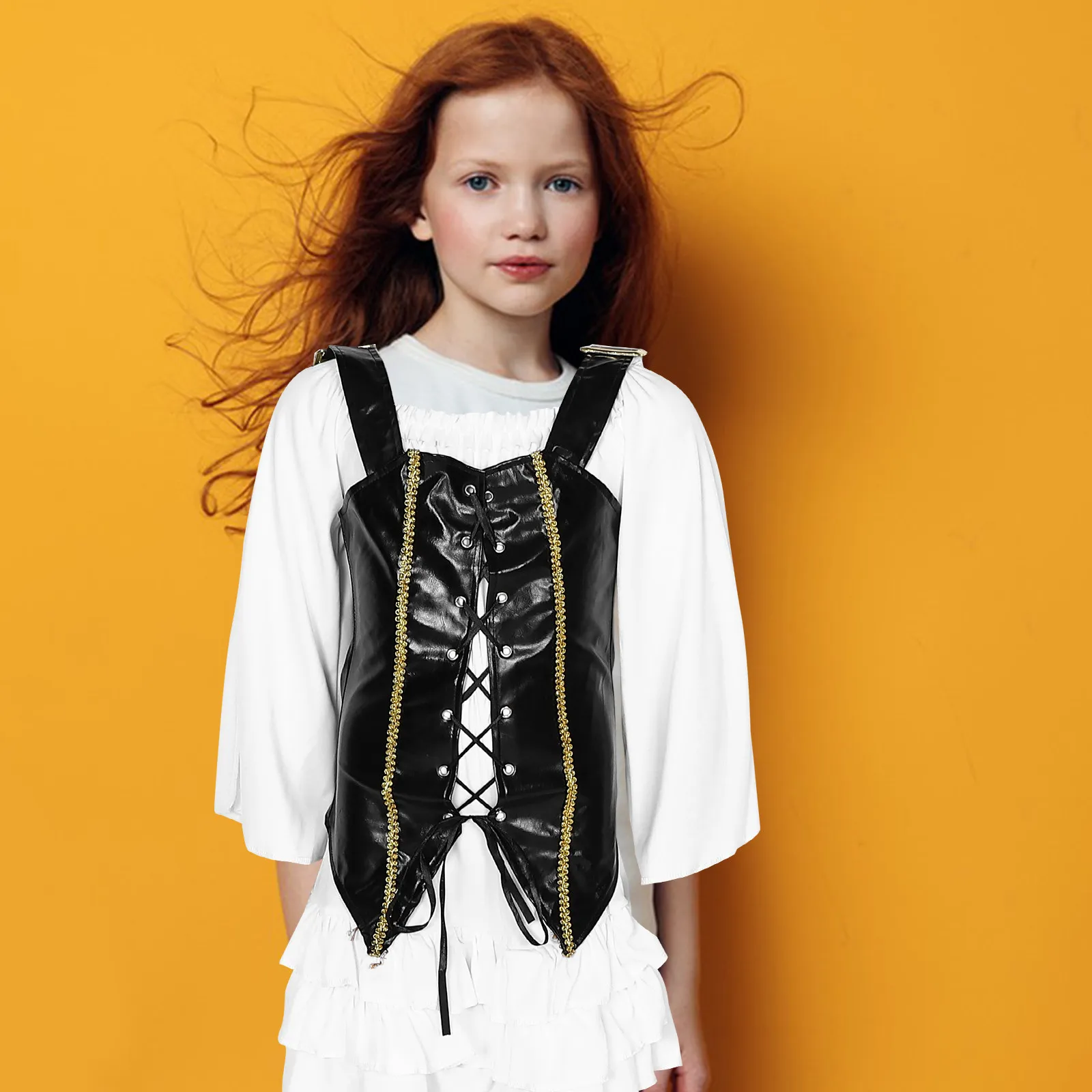 

1Set Little Girl Pirate Costume Halloween Dress Cosplay Party Adjustable Vest Long Sleeve Gothic Medieval Outfit for Kids