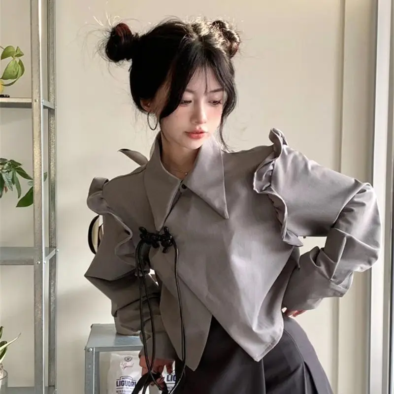 Flying Sleeves Shirts Women Chinese Knot Irregular Sweet Girls Solid Short Loose Design Office Chinese Style All-match Gentle