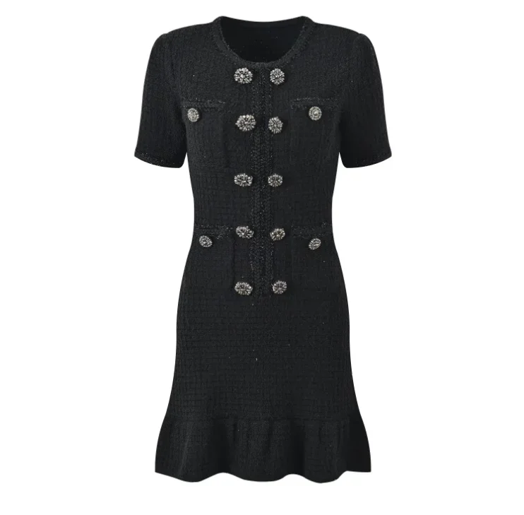 Diamond Buttons Black Knitted Mini Dress Women's A-Line Double Breasted Early Autumn Short Seeve Lady Short Robe 5240244