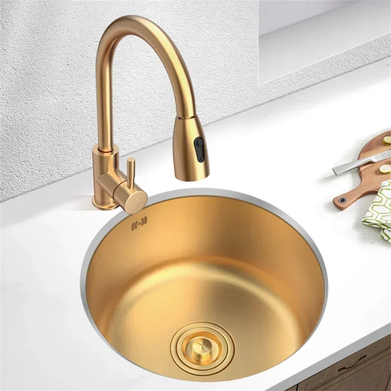 Golden Nano Round Kitchen Sink Handmade Small Single Slot Simple 304 Stainless Steel Balcony Bar Wash Basin Under-counter Basin