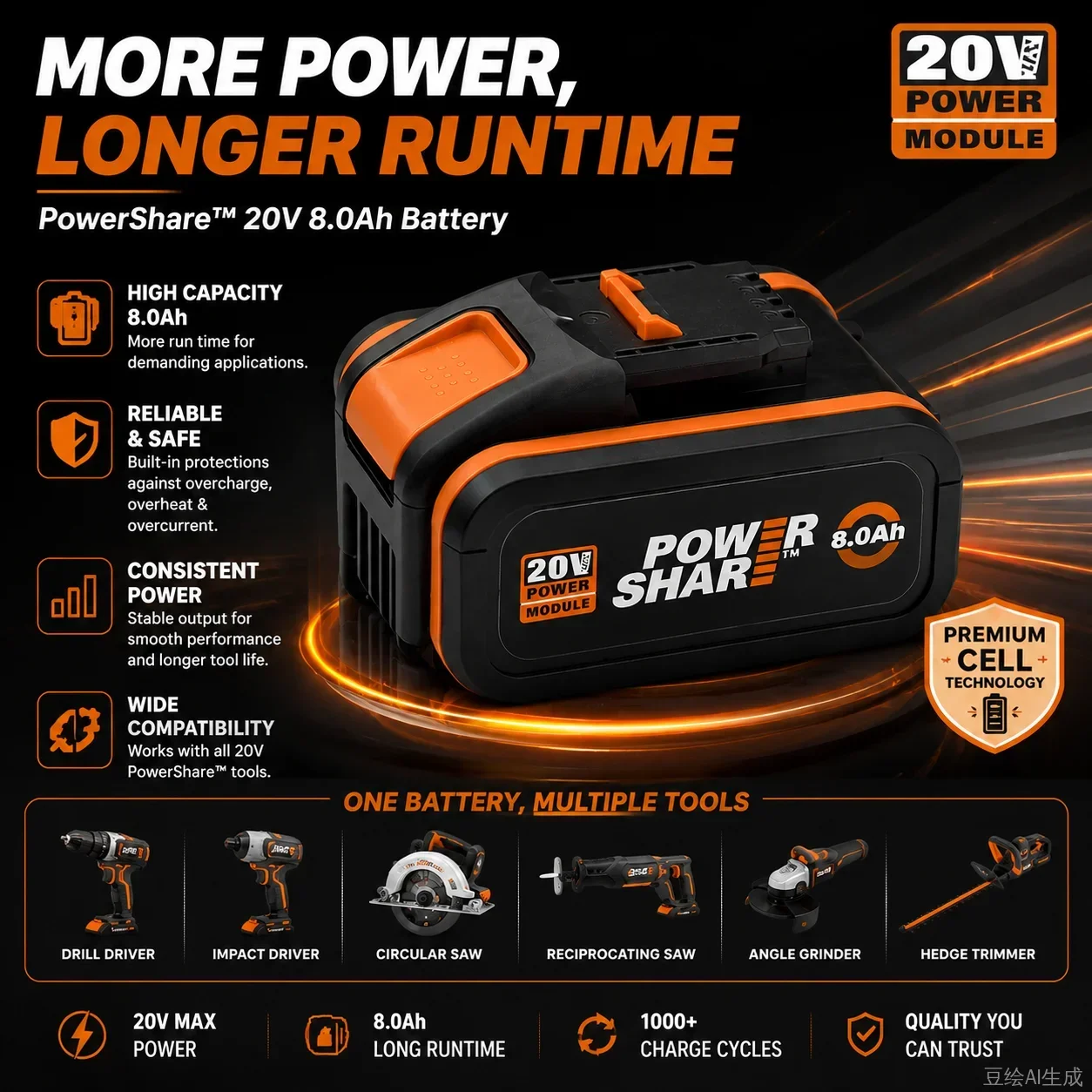 für WORX PowerShare Pro 20V 8,0Ah Lithium-Ionen-Ersatzakku, Hochleistungs-20-Volt-Akku, kompatibel mit allen WORX 20V PowerShare Akku-Elektrowerkzeugen, eingebautes Mehrfachschutzsystem
