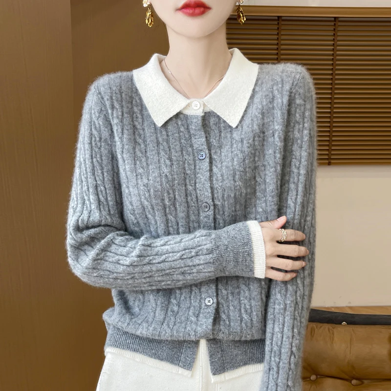 Autumn and winter new women\'s sweater 100% Merino wool lapel floral cardigan matching color fake two high-grade wind knit shirts