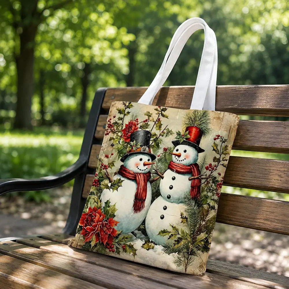 Vintage Christmas Watercolor Art Storage Bags Canvas Tote Bag Double-Sided Print Fashion Shoulder Shopping Bag Gift Handbags