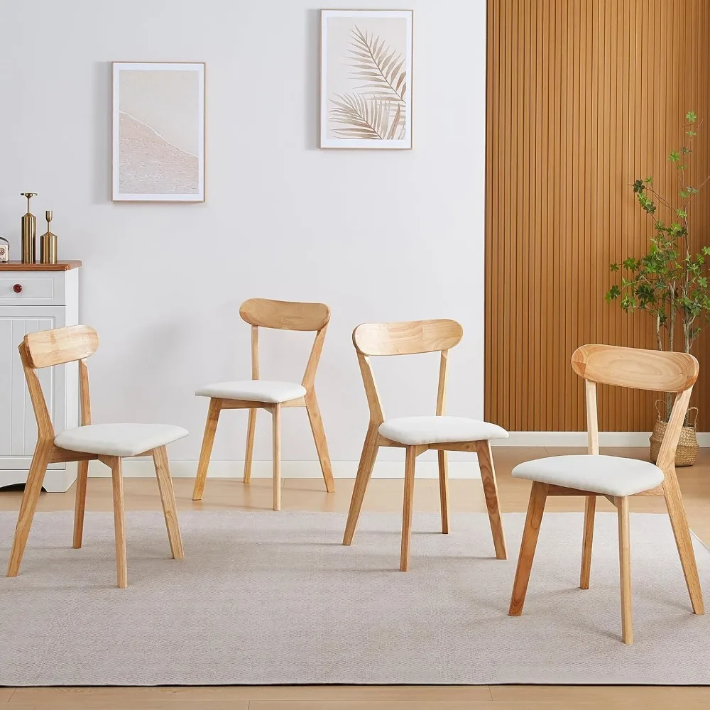 مجموعة من 4 كراسي طعام منجدة حديثة: خشب متين طبيعي، مسند ظهر منحني للمطبخ المنزلي
