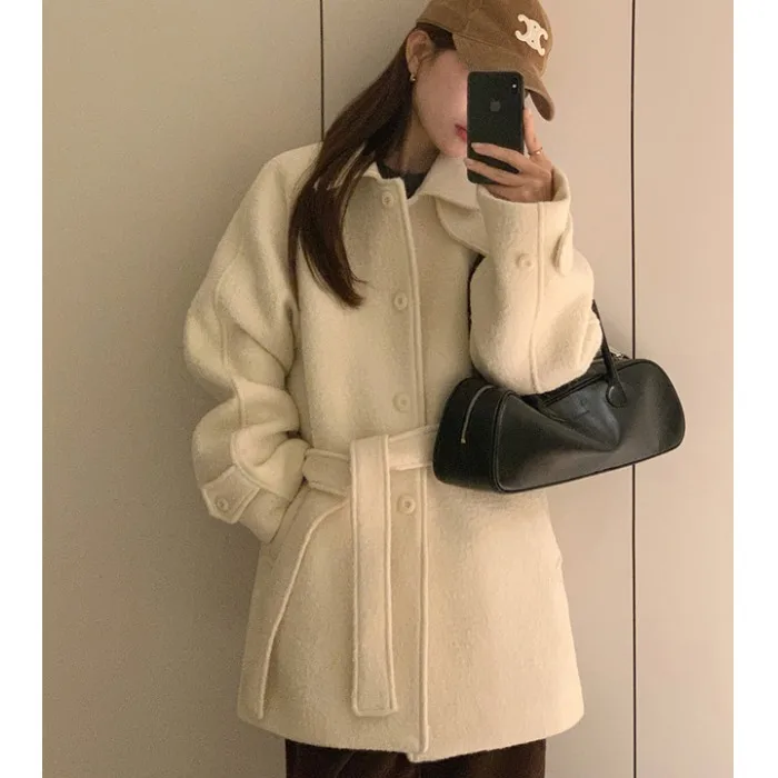 

Women's Chic Woolen Coat Belted Simple Versatile Autumn Winter High-End Vintage Single Button Dring Long Sve Outerwear
