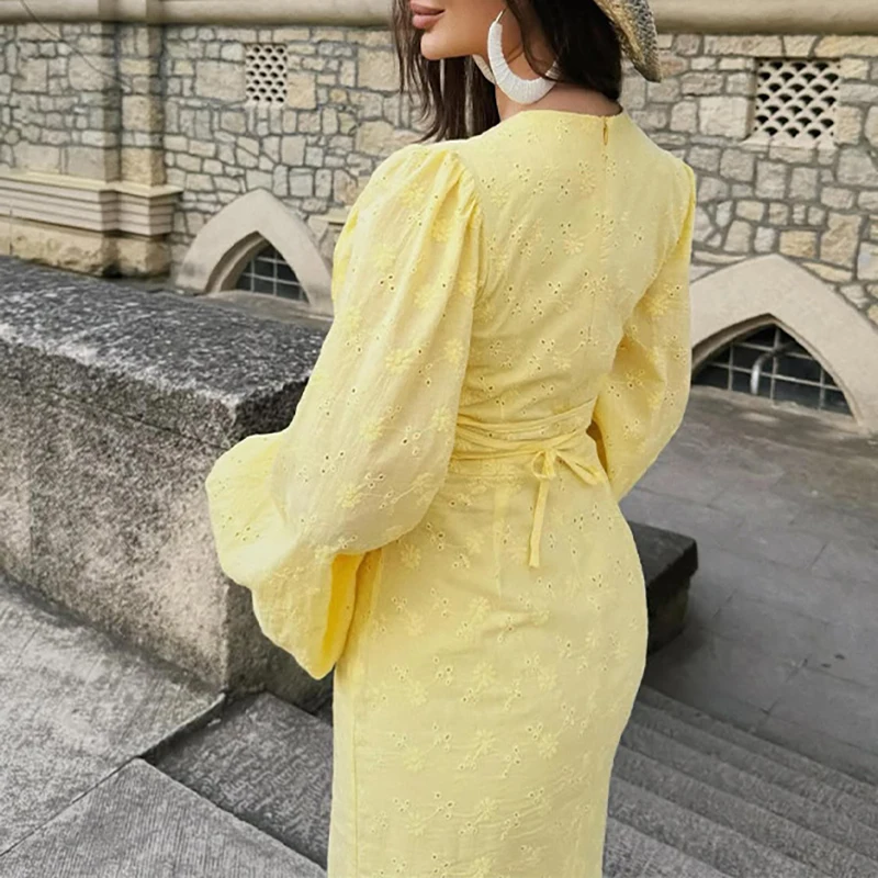 Elegancka sukienka damska z długim rękawem, jednolita, z rozcięciem, haftem, guzikami, dopasowana, seksowna sukienka wieczorowa z dekoltem w serek i wiązaniem w talii.