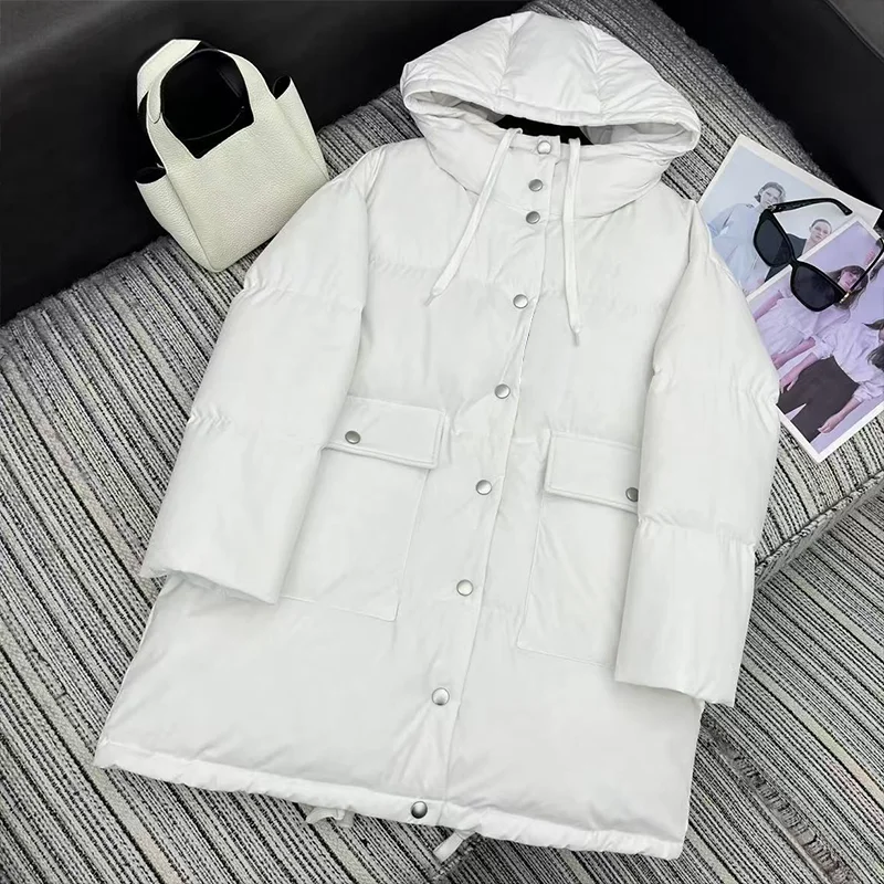 

High quality White goose down jacket women's mid-length winter coat with hood and large pocket woman clothes 25121130