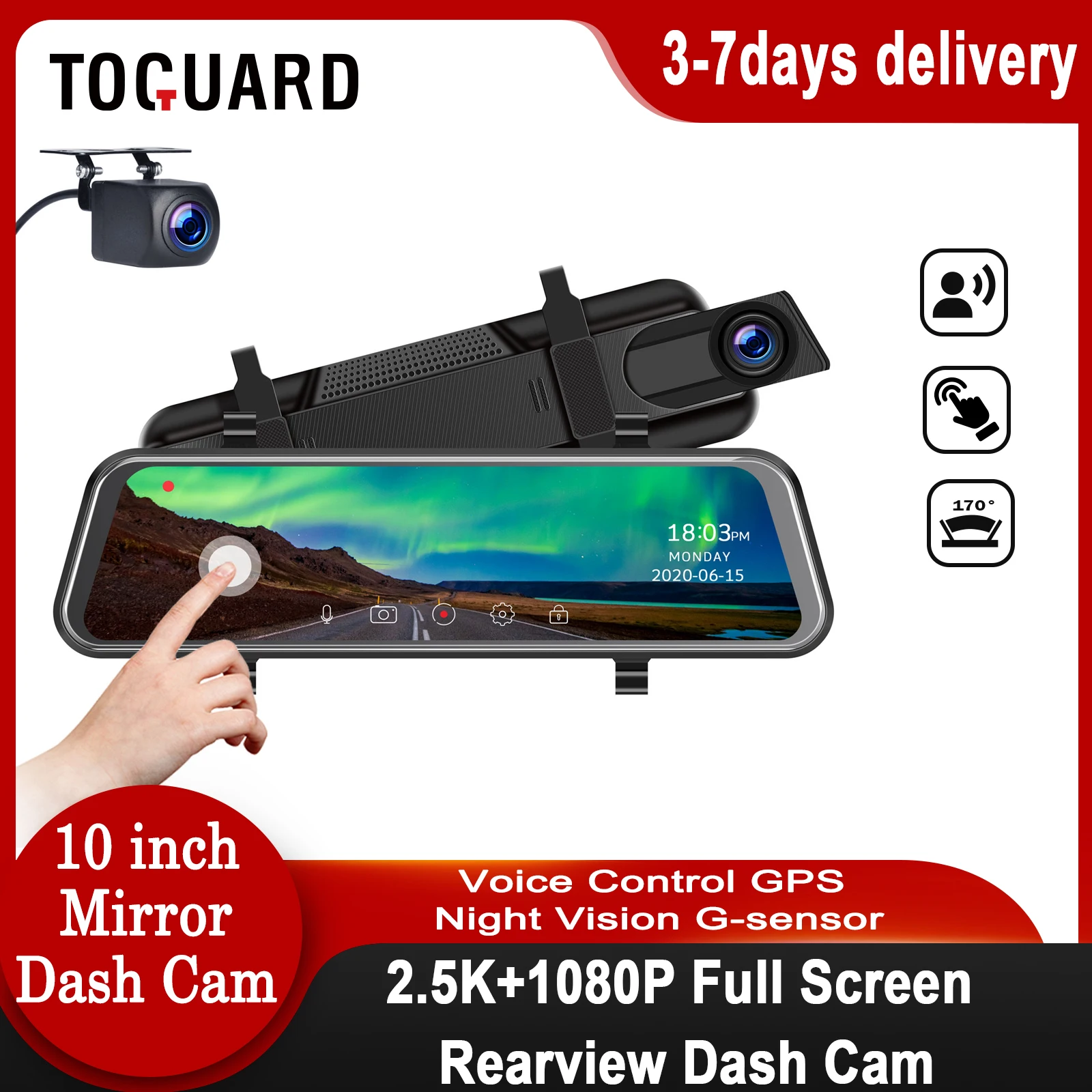 

TOGUARD Mirror Dash Cam 2.5K +1080P Car DVR 10" IPS Touch Screen Video Recorder Waterproof Stream Media Rearview Parking Camera