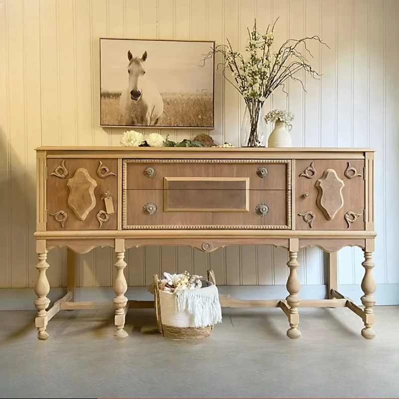 Retro carved solid wood porch cabinet, antique villa entry cabinet, rural log dining side cabinet