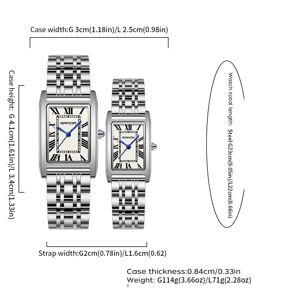 ساعة SANDA Fashion Couple Tank بتصميم أنيق ومينا مستطيلة مقاومة للماء وحركة كوارتز من الفولاذ المقاوم للصدأ لمحبي الأعمال #4