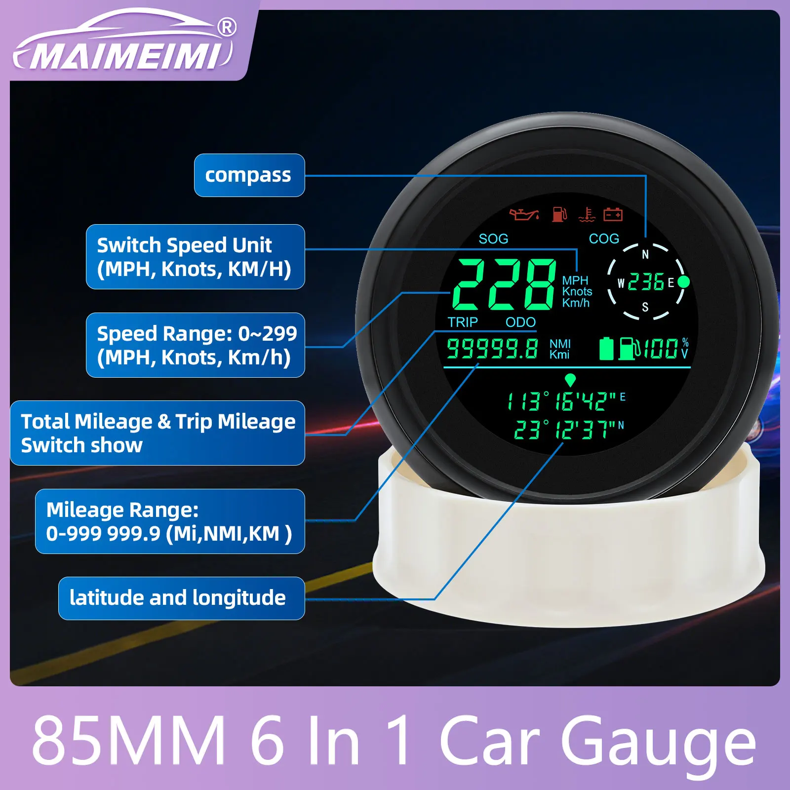 85mm Digital GPS Speedometer Odometer Kit with Voltmeter Fuel Level Compass Oil Press Function for Vehicles Boat Truck Motorbike