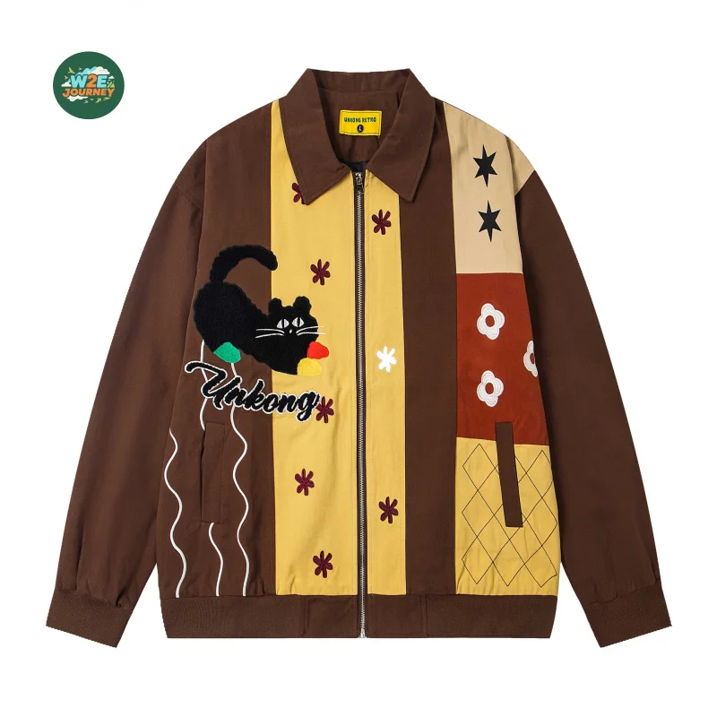 

W2EJOURNEY ЕС, США, размер, высокое качество, забавная мультяшная вышивка, куртка с цветными блоками, унисекс, осенне-зимняя универсальная этническая куртка