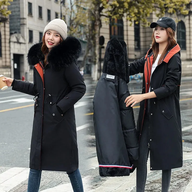 Chaqueta larga con forro de piel extraíble para mujer, Parka gruesa con capucha, ropa de nieve informal, abrigo cálido para invierno, novedad de 2023