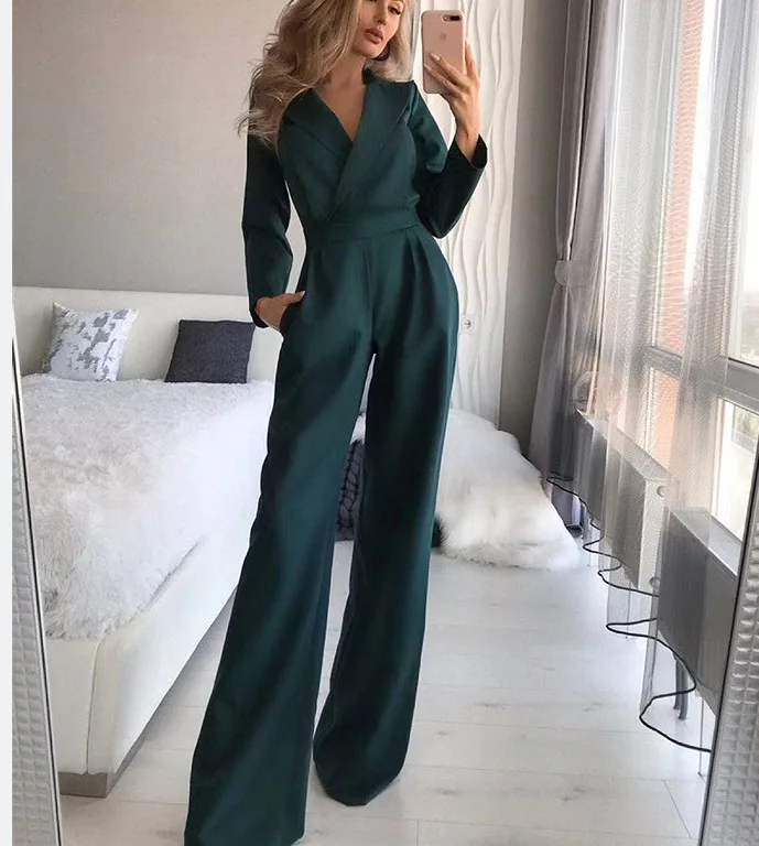 Autumn Women Jumpsuits High Waist Fashion Long-sleeved Suit Collar Straight Pants Temperament Elegant Office Commuting Jumpsuits