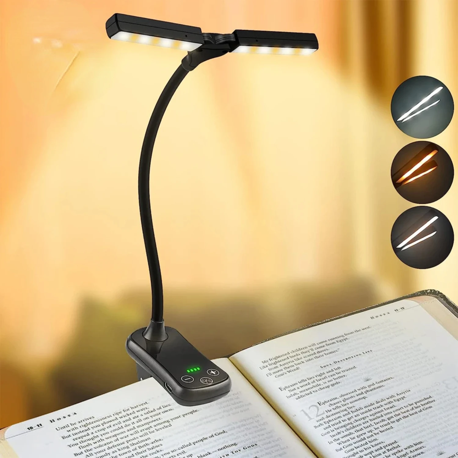 USB Recarregável Clip On Book Light, Lâmpada de leitura portátil, Mini Desk Lamp, 3 Cores, 8 Brilho, Noite, 14 LED, Novo