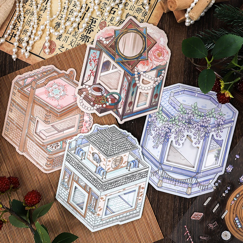 Kawaii 3D Retro Building Miniature Scene Stickers Creative Flip Design DIY Handmade Scrapbook Pocket House Sticker Children Gift