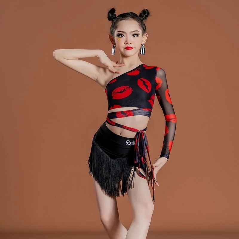 Fringe dress clothes for dancing Stage suit Red lips black latin dance clothes competition Latin dance costume Dancewear