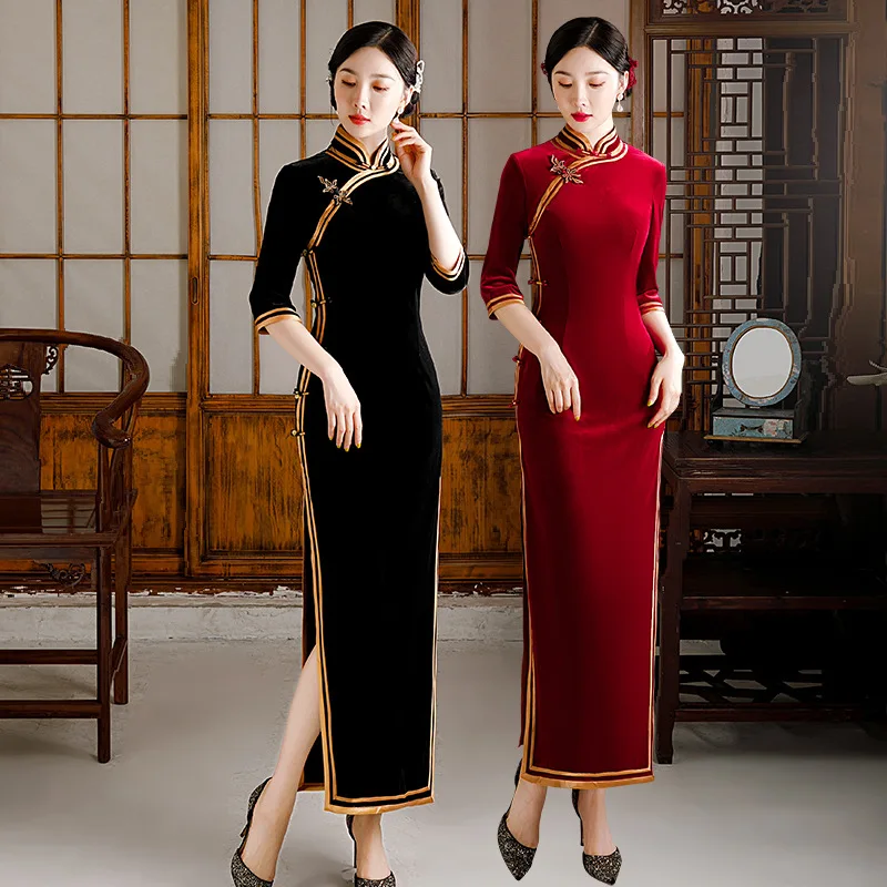 

Chinese Traditional Style Qipao Dress Split Sexy Women Velour Cheongsams Vestidos Mujer Elegant New Clothes Estilo Oriental