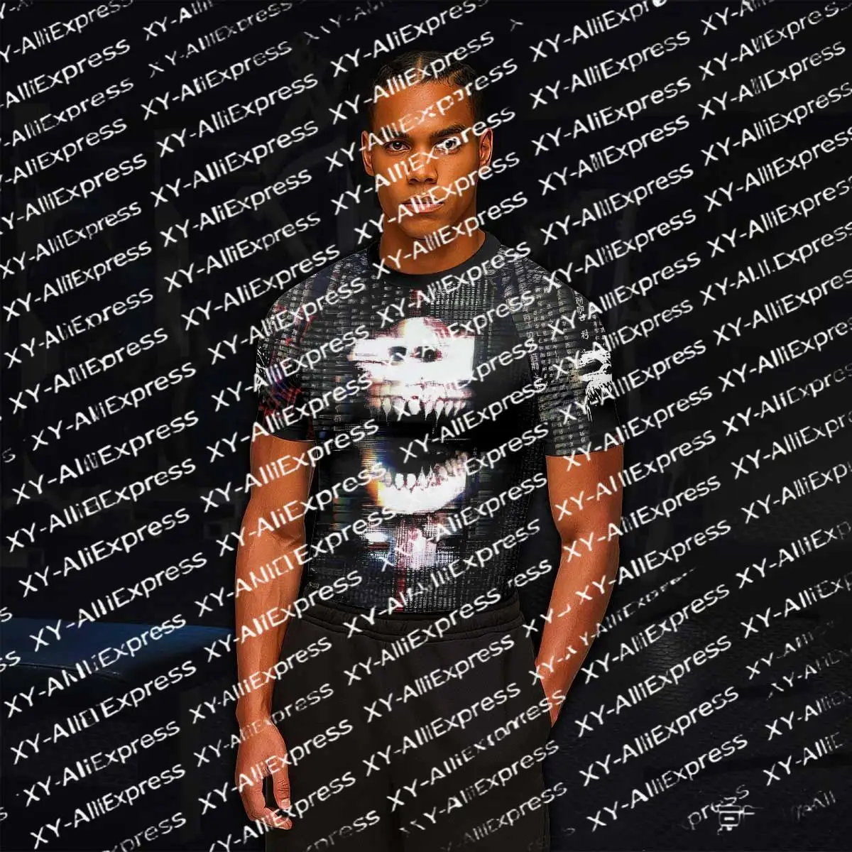 Men's Cyberpunk Glitch Skull Bodysuit, Matrix Digital Rain Art Print Short-sleeve Quick-dry Fitness Futuristic Sports T-shirt