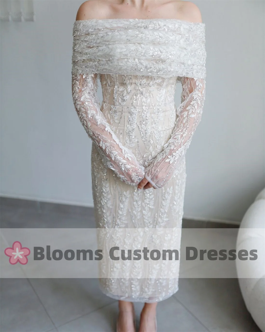 Blooms Customized Shiny Sequins Tulle Bridal Evening Dresses Removable Shawl Off Shoulder Long Sleeves Prom Wedding Party Gown