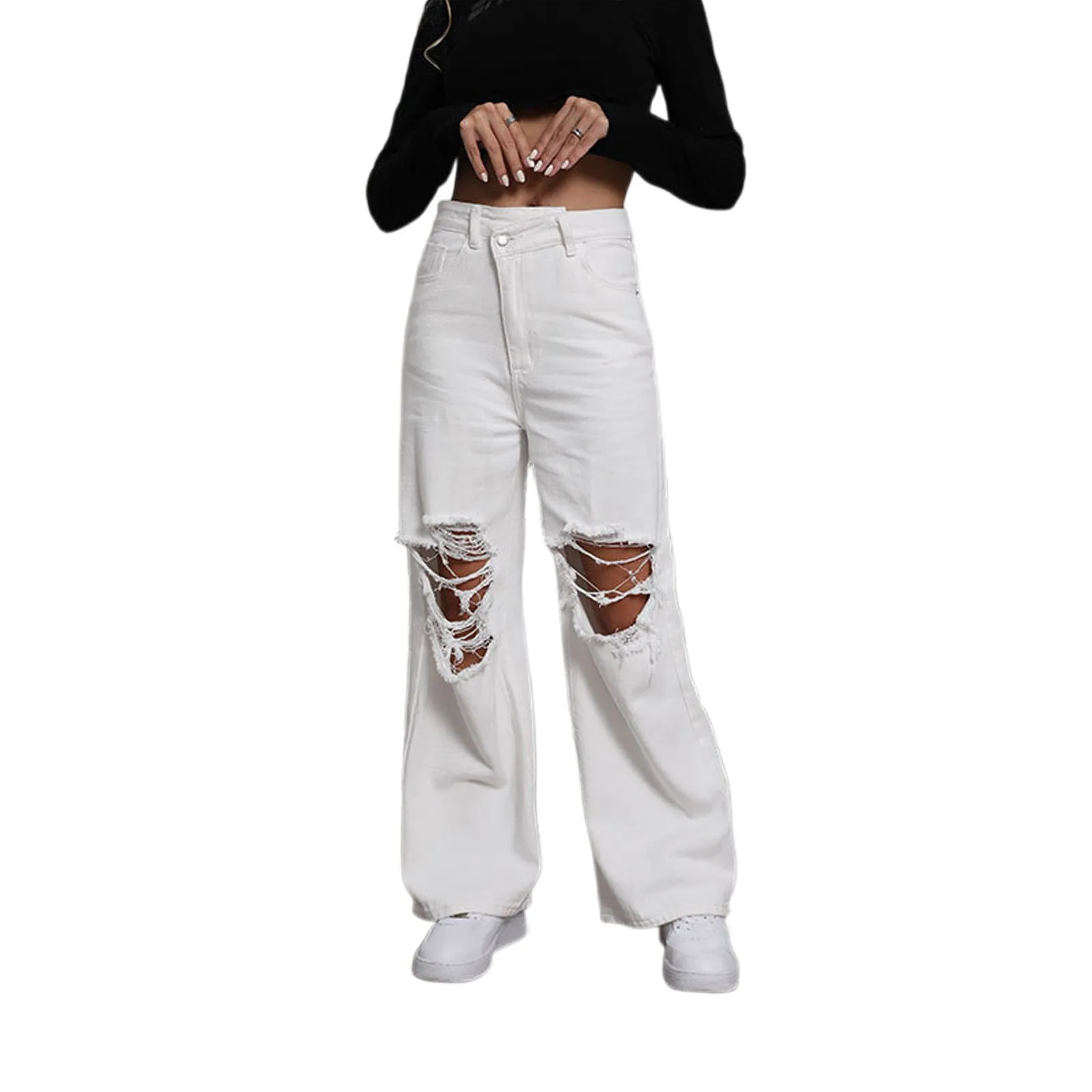 

Denim Jeans Women Pant Wide Leg Long Pants Casual Mid Waist Button Y2k Streetwear Hole Temperament Work Straight Trousers