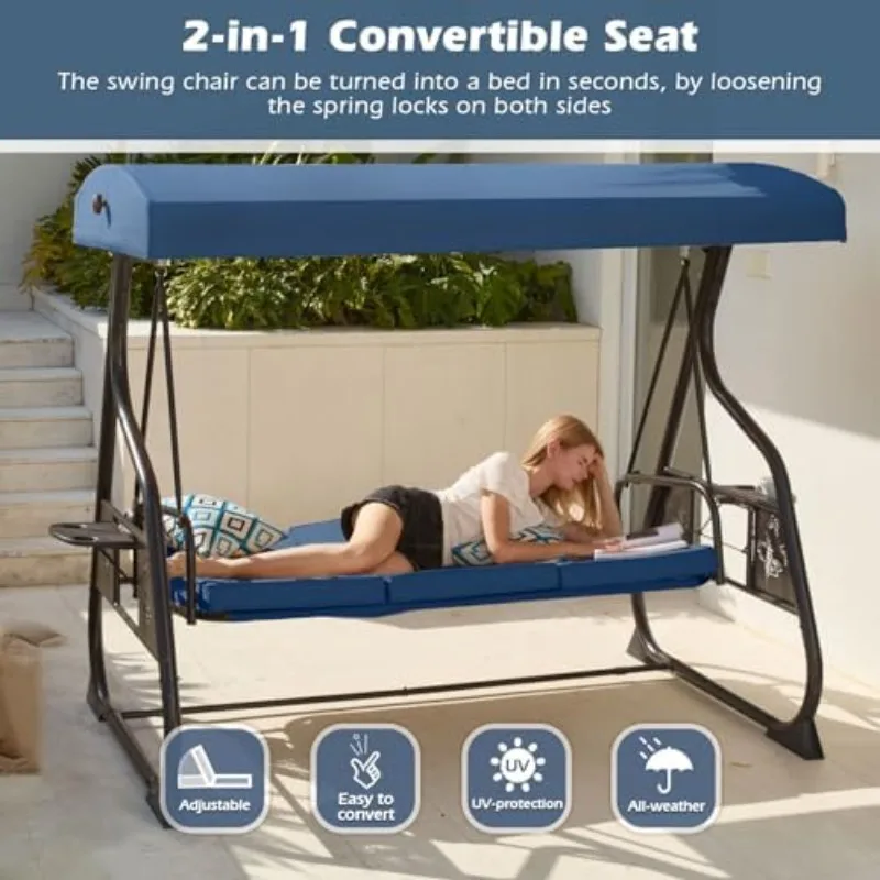 3-Seat Patio Porch Swing 800LBS Outdoor Swing with Stand w/Canopy & Adjustable Backrest Patio Glider Chair w/Removable