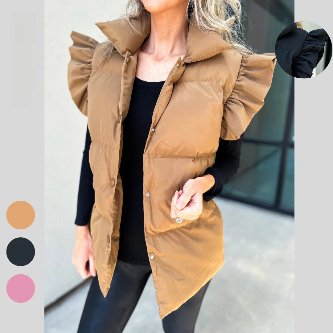 Vest Parkas Women Ruffles Coats Camel Coat Sleeveless Parka Slim Autumn Winter Elegant Short Pink Jackets Y2k Streetwear