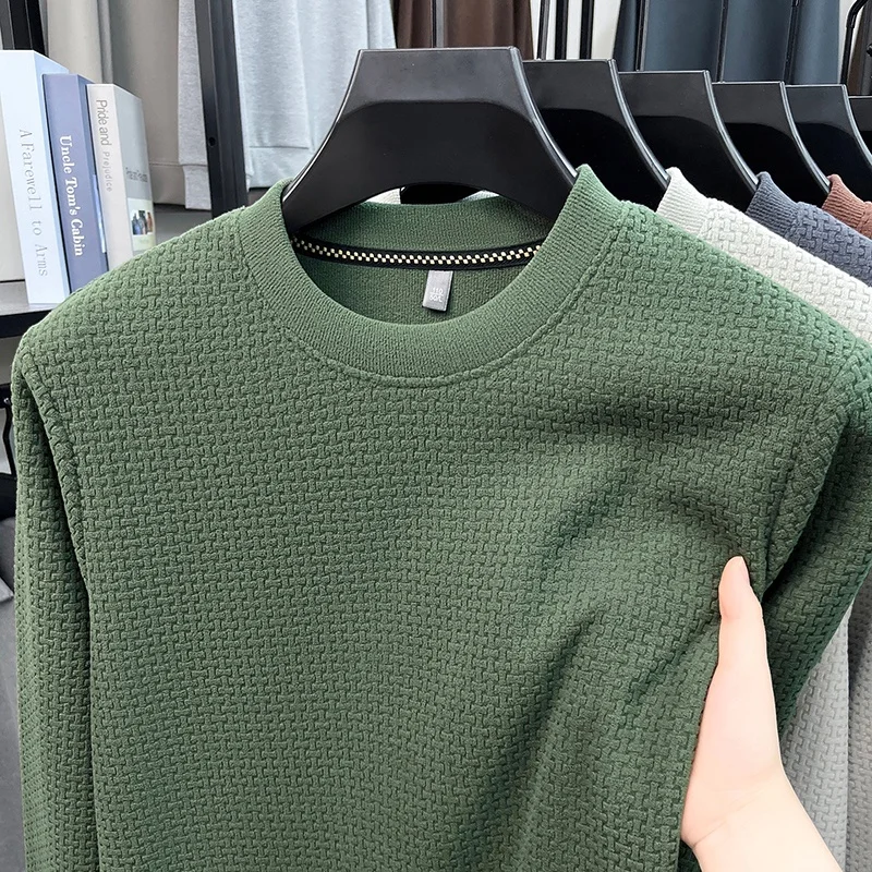 Herren-Sweatshirt mit Rundhalsausschnitt, Waffelstruktur, langen Ärmeln, einfarbig, lockerer Schnitt, lässig, für den täglichen Gebrauch, ein Basic-Oberteil für Herbst und Winter. – Detail 4
