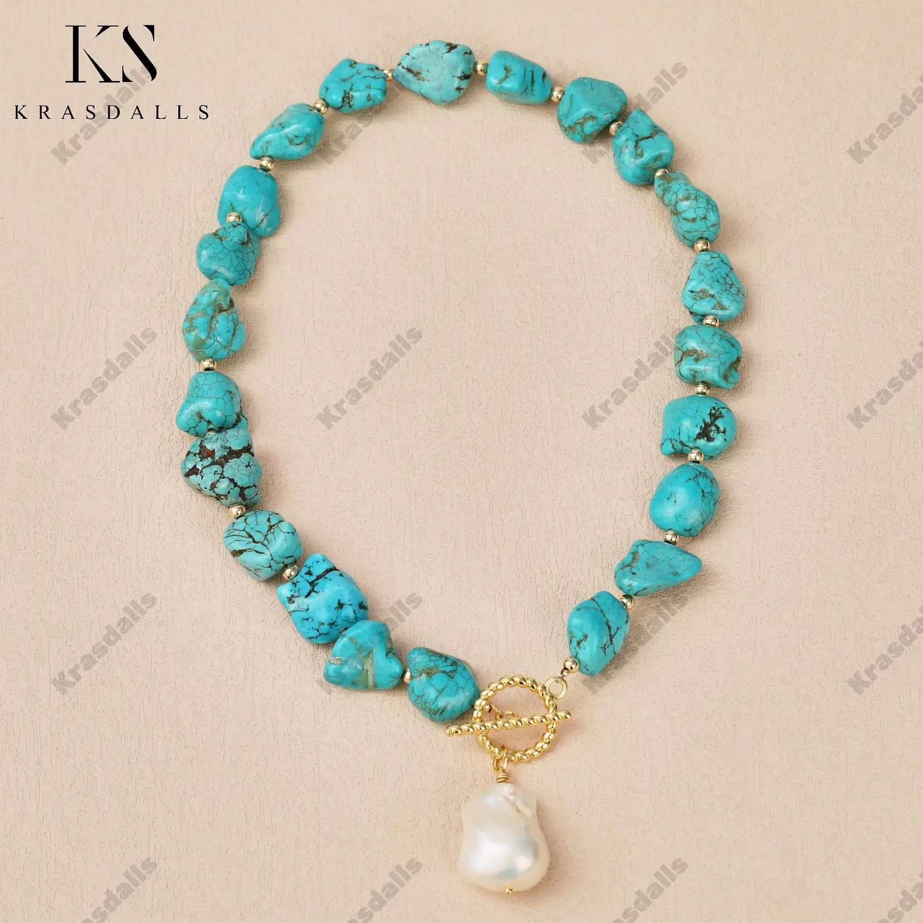 

Gold Plated Turquoise Tumbled Stone Beaded Necklace Freshwater Baroque Pearl Pendant Stylish Trendy Women Party Jewelry Gift