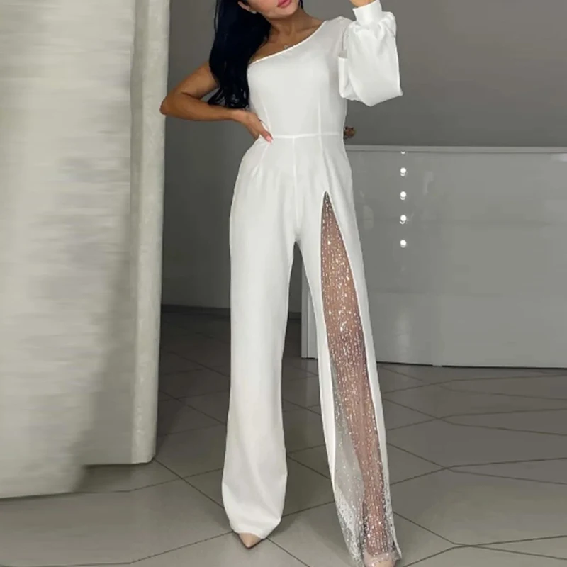 Sexy Asymmetrical High Waist Party Jumpsuit New Casual Women One Shoulder Sleeve Slim Romper Elegant Mesh Long Pants Playsuits