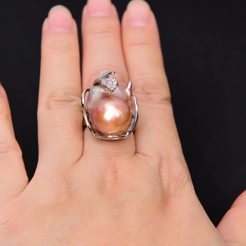 GG Natural Pink Purple Keshi Pearl Ring White Gold Plated CZ Paved Baroque Pearl Rings Lady Party Gift