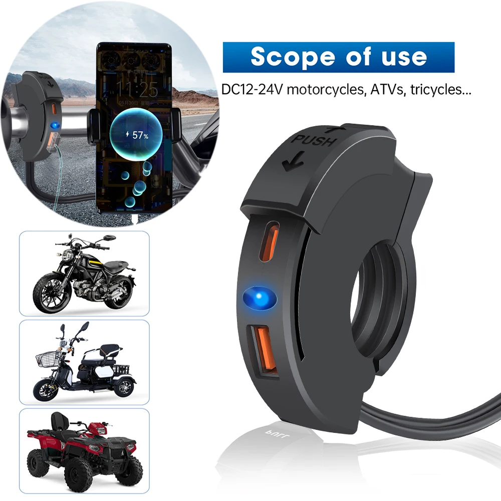 

48W Usb Motorcycle Charger Qc3.0 18W Pd30W Waterproof Handlebar Charging Bracket Motorcycle Phone Charger 12/24V Socket Adapter