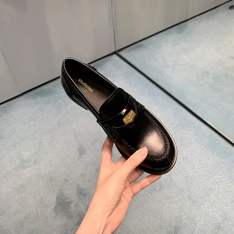 Party Women Pumps PU  2024 Autumn Fashion Round Head Small Gold Buckle Thick Heel British Style Loafers Woman Shoe Black