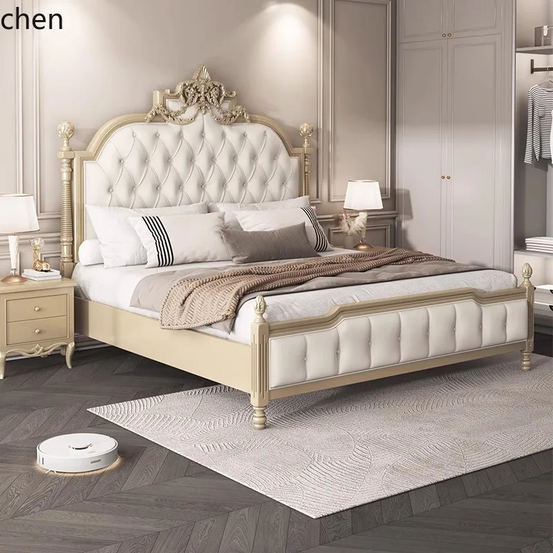 HXL Master Bedroom Double Carved Solid Wood Upholstered Wedding Bed Genuine Leather Bed
