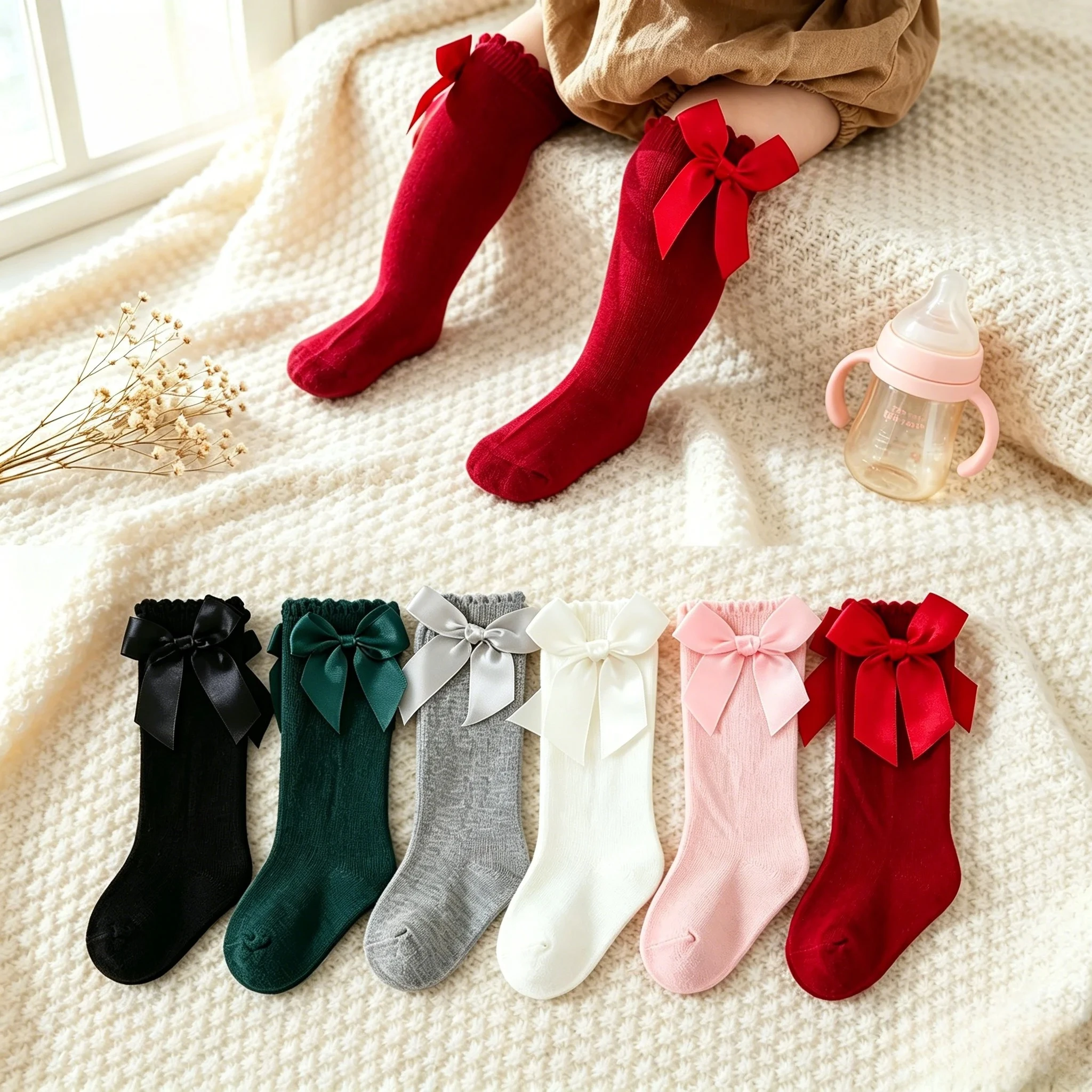 Baby Girls Bow Knee High Socks Loose Ruffle Cuff Princess Long Socks For First Birthday Party Socks Gift