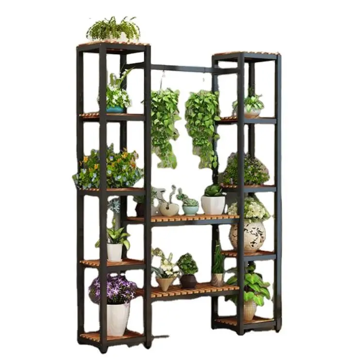 Simple Balcony Flower Stand Rack Wrought Iron Wood Multi-Layer Plant Rack