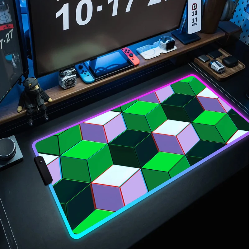 

Geometry Cube RGB Mousepad With Backlit Rubber LED Keyboard Mouse Pad Gamer Professional Large Mouse Mat HD Print Keyboard Mat