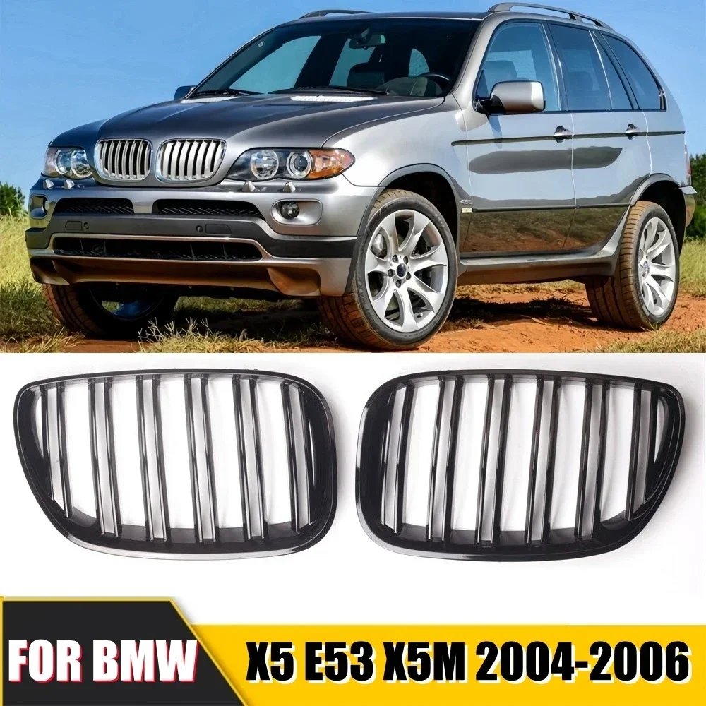 

1 Pair Black Gloss Car Grilles Double Line Anti-scratch ABS Car Front Hood Grill 51137113733 51137113734 for BMW X5 E53 04-06