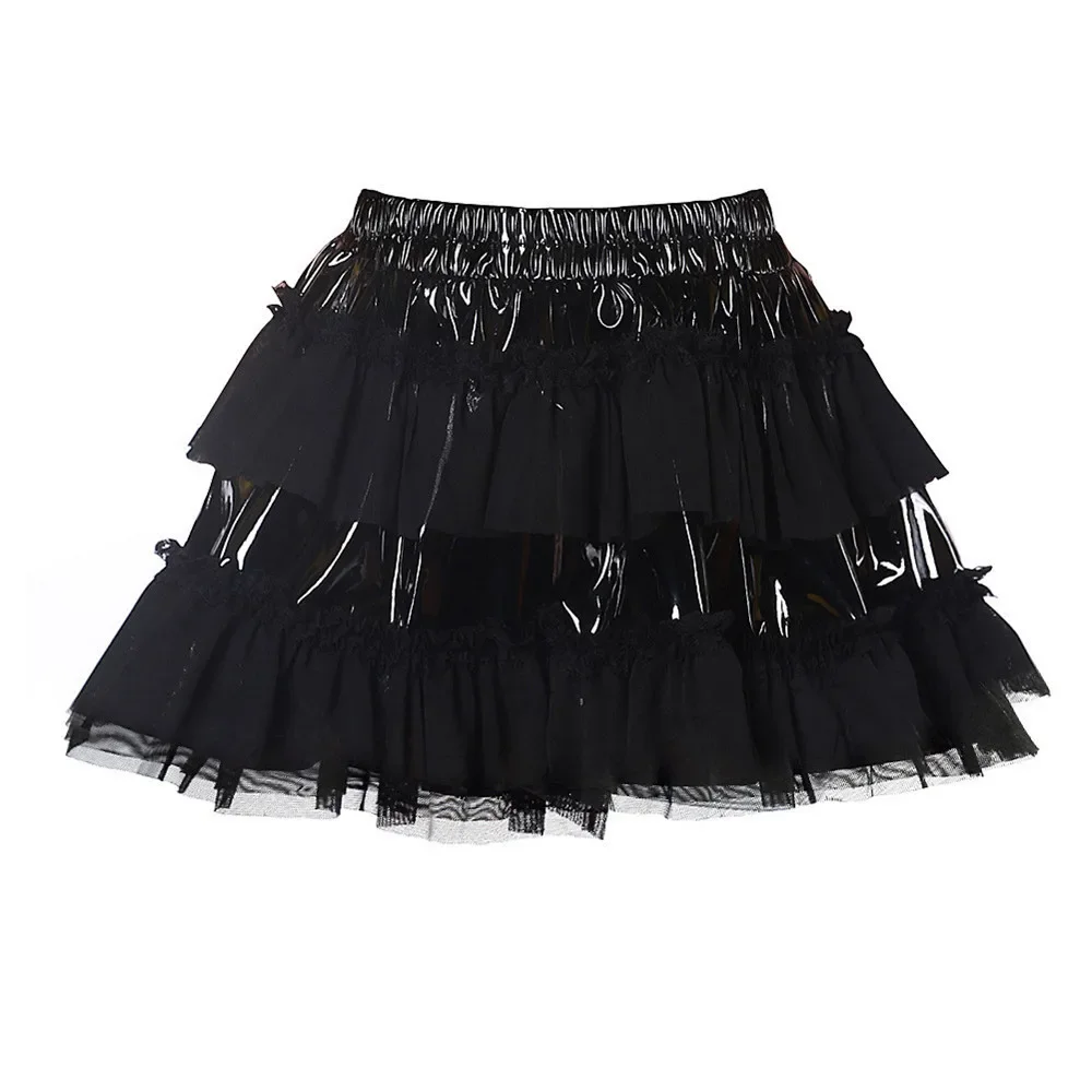 

Plus Size Punk Women Glossy Pu Leather Mini Skirt High Waist Mesh Patchwork Pleated Short Skirt Black