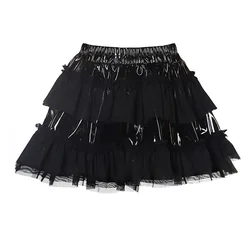 Plus Size Punk Women Glossy Pu Leather Mini Skirt High Waist Mesh Patchwork Pleated Short Skirt Black
