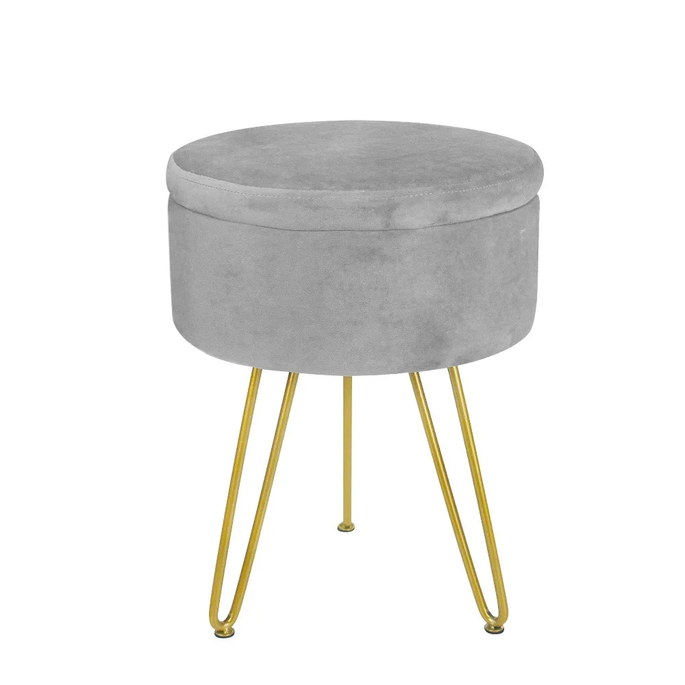 Modern Multifunctional Footstool Round Upholstered Ottoman with Removable Cover & 3 Adjustable Golden Legs for Living Room