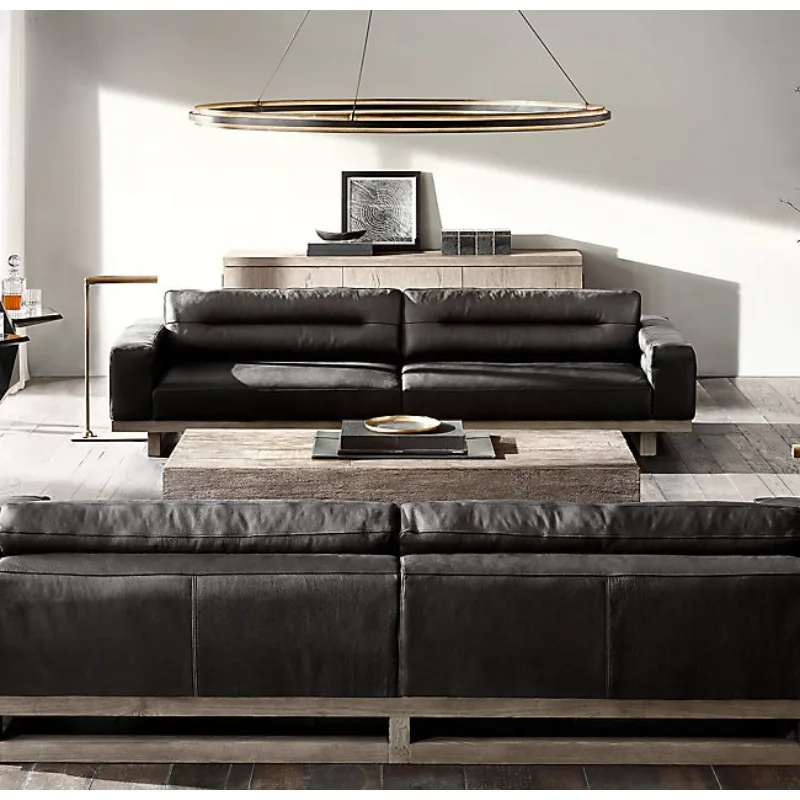 Minimalist modern solid wood single sofa American country retro home cowhide three-person sofa