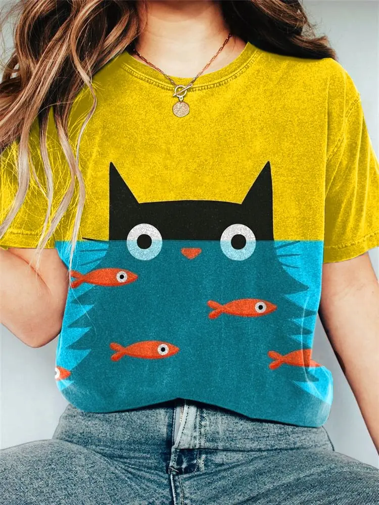 

Funny Cat Art Print Spring Summer Girls Short Sleeved Breathable Casual T Shirt